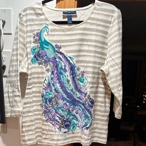 Karen Scott Women's Striped Top with Peacock Design - Cream and Purple
